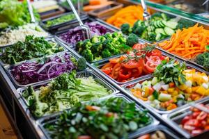 Close-up of a salad bar with assorted fresh vegetables and toppings, promoting customizable and nutritious meals photo