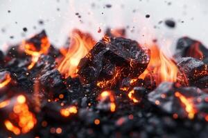 Intense heat radiating from glowing coals against a transparent white background, ideal for industrial concepts photo