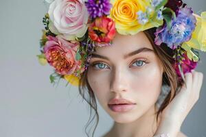 Rainbow-colored flower crown transparently worn by a model, adding charm photo