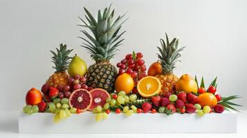 A white table with a variety of fruits including oranges, grapes, and strawberries. The fruits are arranged in a way that they look like they are on display photo