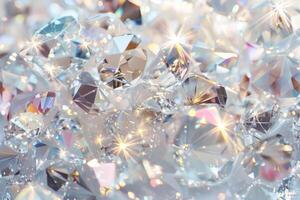 Dazzling gem-like sparkles shimmering against a soft transparent white background, symbolizing preciousness and luxury photo