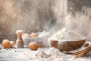 Flour dust on a soft transparent white canvas, perfect for baking and cooking themes photo