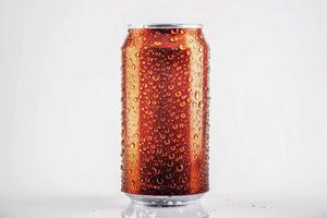 A can of soda is sitting on a white surface with condensation on the outside photo