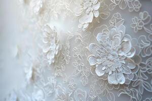 Intricate lace decoration against a soft transparent white backdrop, ideal for romantic designs photo