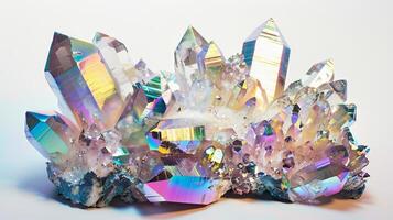 Lustrous crystal clusters shimmering with iridescence against a pure white backdrop photo