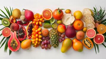A colorful assortment of fruits and s, including oranges, apples, and grapes. Concept of abundance and freshness, showcasing the variety of healthy foods available photo