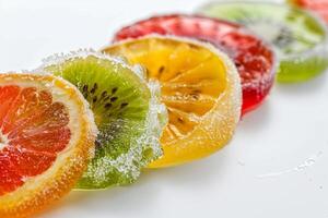 Frozen fruit slices with frosty edges on a transparent white surface, ideal for healthy lifestyle concepts photo