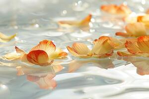 A close up of a pond with a few orange flowers floating on the surface. The flowers are reflected in the water, creating a serene and peaceful atmosphere photo