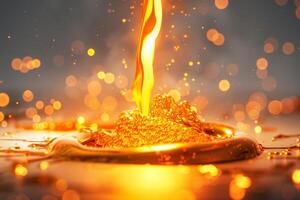 Glowing molten metal pouring from a crucible against a transparent white backdrop, symbolizing industrial processes photo