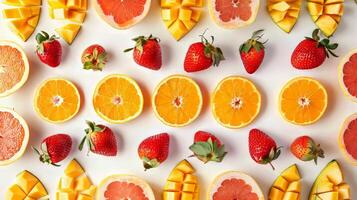 A colorful fruit salad with oranges, strawberries, and grapefruit. Concept of freshness and health, as well as a celebration of the natural beauty of fruits photo