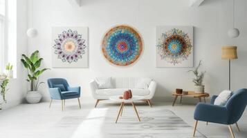 Enchanting mandala artworks adding a touch of magic to a minimalist white setting photo