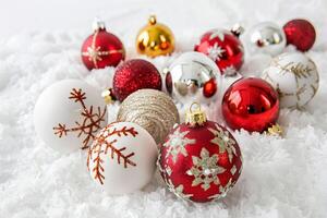 Festive Christmas ornaments on a soft transparent white backdrop, perfect for festive illustrations photo