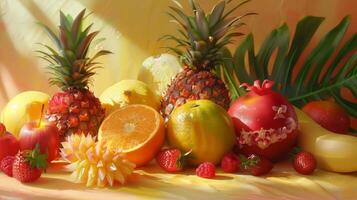 A colorful fruit display with a variety of fruits including apples, oranges, and strawberries. The arrangement of the fruits creates a vibrant and inviting atmosphere photo