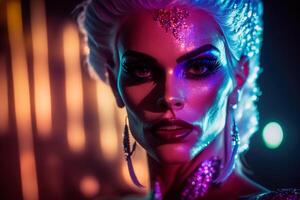 drag queen style transvestite man with makeup in a women's dress at show. photo