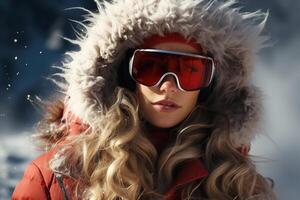 Portrait of a female climber in mountains in winter photo