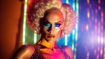 man disguised as woman with makeup and cosmetics on his face in style of drag queen. photo