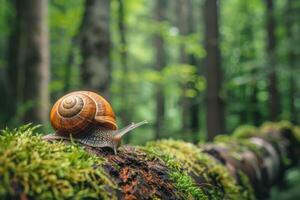 Close up of a snail crawling on a mossy log, showcasing the biodiversity of forest ecosystems photo