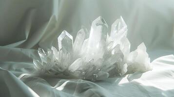 Glowing crystal formations casting ethereal shadows against a minimalist white canvas photo