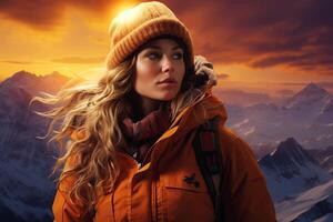 Portrait of woman hiking in the mountains in winter at sunset photo