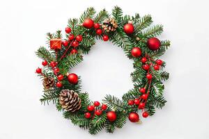 Joyful Christmas wreath on a soft transparent white backdrop, perfect for holiday invitations photo