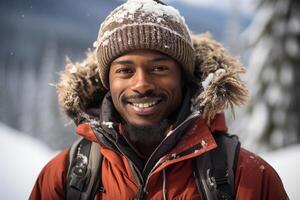Portrait of happy smiling black male tourist climber on hike in mountains in winter photo