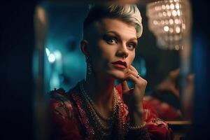 portrait of transgender drag queen man doing makeup at mirror. photo