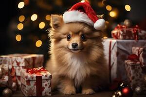 dog in a red Santa Claus hat under Christmas tree with gifts for the celebration of the new year at home photo