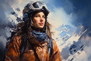 Portrait of a female skier snowboarder in helmet and glasses in winter in mountains photo