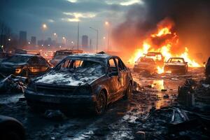 massive car accident on road in winter in icy night. Burning cars and smoke photo
