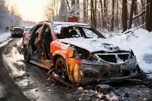 car accident in winter on slippery road with snow and ice due to drunk dangerous driving photo