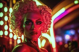 man in drag queens style makeup and dressed in women's clothes at a show. photo