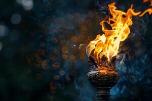 Intense heat radiating from a blazing torch against a soft transparent white surface, perfect for historical and adventure themes photo