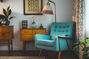 Retro-inspired mid-century decor against a soft transparent white surface, adding retro flair photo