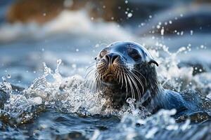 Refreshing splash of water from a playful seal in the open sea photo