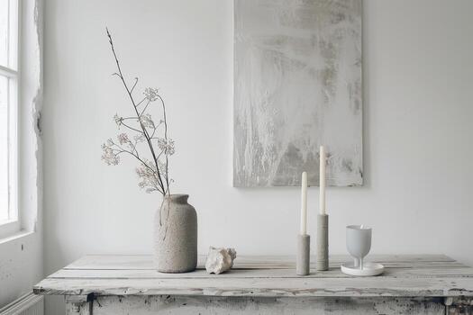 A white vase with flowers sits on a wooden table. The table is surrounded by candles and a cup. The scene is simple and elegant, with a focus on the vase and candles photo