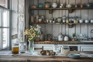 Rustic farmhouse kitchen decor against a soft transparent white backdrop, perfect for cozy gatherings photo