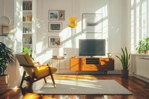 Retro mid-century modern decor against a soft transparent white surface, adding vintage flair photo