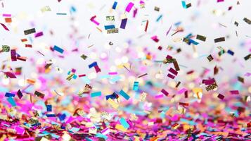 A colorful explosion of confetti is falling from the sky. The confetti is in various colors and sizes, creating a festive and celebratory atmosphere photo