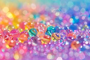 Rainbow-colored beads transparently scattered on a surface photo