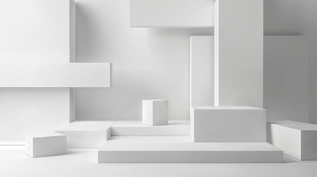 A white room with white boxes and white walls. The boxes are arranged in a way that creates a sense of depth and space. The room has a minimalist and modern feel photo