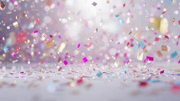 Sparkling confetti bursts creating a sense of excitement and celebration on a pristine white surface photo