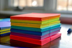 Rainbow-colored notepads transparently stacked on a desk photo