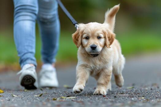 Puppy learning to walk politely on a leash without pulling photo