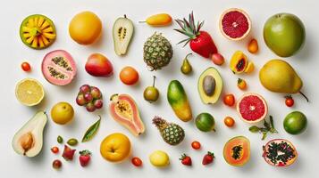A colorful assortment of fruits and s are spread out on a white background. Concept of abundance and variety, showcasing the diverse range of produce available photo