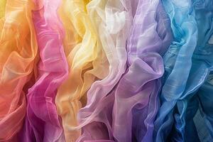 Rainbow-colored fabric swatches transparently arranged in a gradient pattern photo