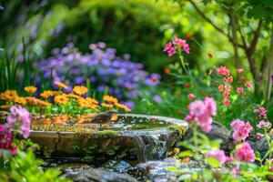 Tranquil garden scene with blooming flowers and chirping birds, offering a peaceful retreat for stress relief photo