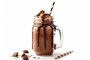 A glass of chocolate milk with chocolate drizzle on top. The drink is served in a glass mug with a straw photo