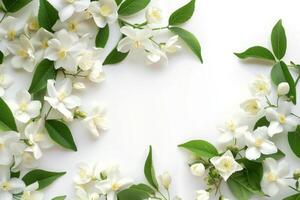 A white flower with green leaves is the main focus of the image. The flower is surrounded by many other flowers photo