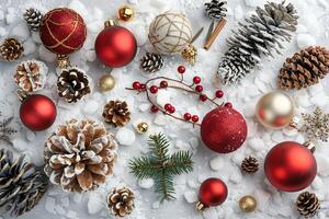 Traditional Christmas decorations on a transparent white canvas, ideal for festive cards photo