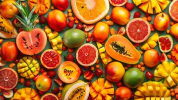 A colorful assortment of fruits including oranges, grapefruit, and mangoes. Concept of abundance and freshness photo